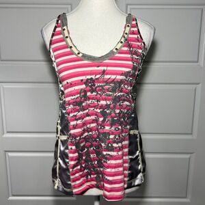 Brazil Roxx Seven Waves Pink Striped Tank Top Graphic Print Metallic Back Bow XS